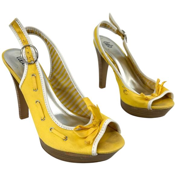 VTG y2k Womens Yellow Deb Peep Toe Slingback Buckle Bow Stiletto High Heels 8.5M - Picture 1 of 8